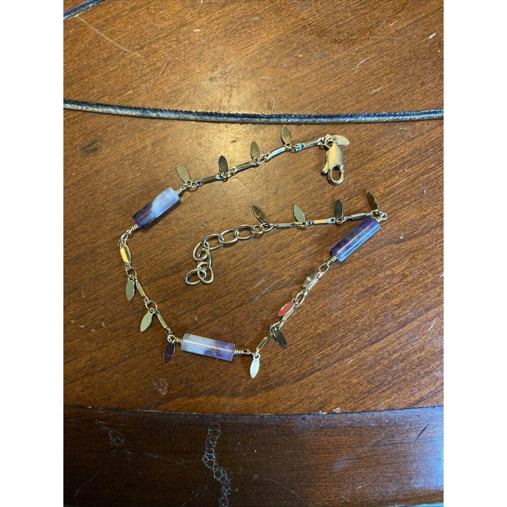 Gold Tone Leaf  Amethyst Charm Anklet Bracelet Adjustable Dainty Boho Jewelry 9”